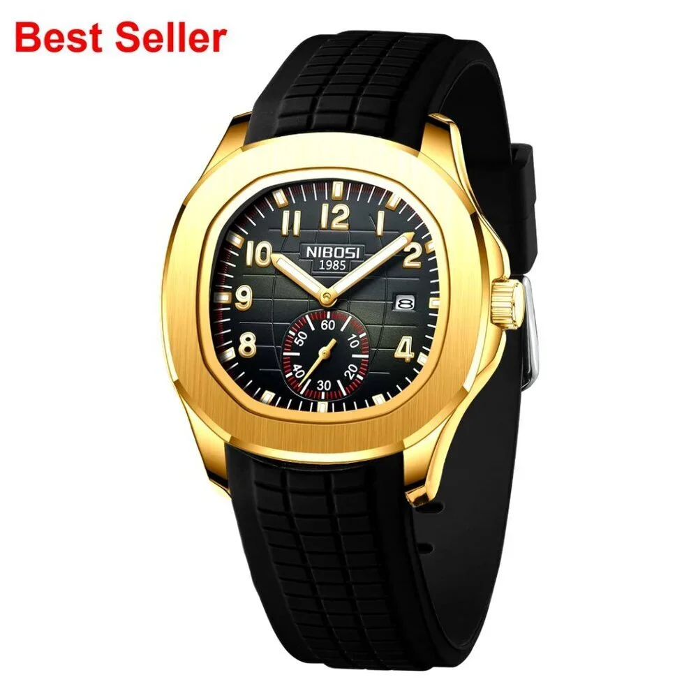Analog Military Watch with Calendar Black Silicone Strap Waterproof